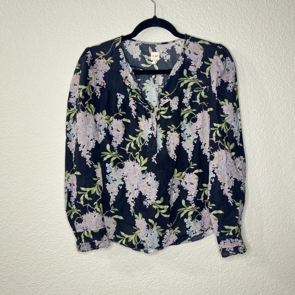 Rebecca Taylor blue floral blouse puff shoulders small boho